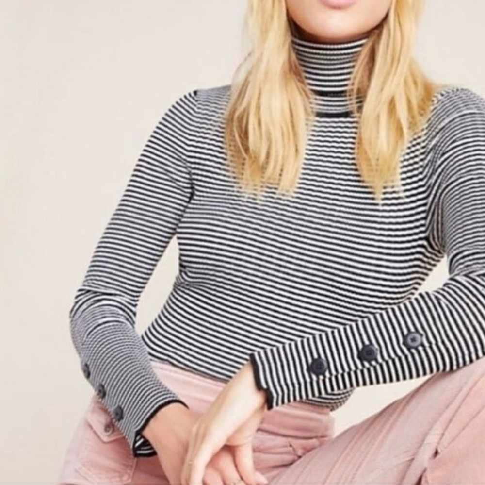 Anthropologie Turtleneck knit sweater Black White Stripes Button sleeve medium